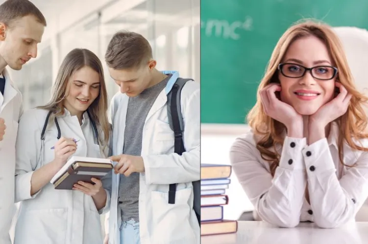 młoda nauczycielka oraz studenci medycyny 