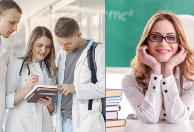 młoda nauczycielka oraz studenci medycyny 